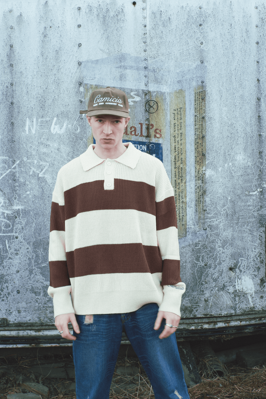 Cream and Brown Knitted Polo